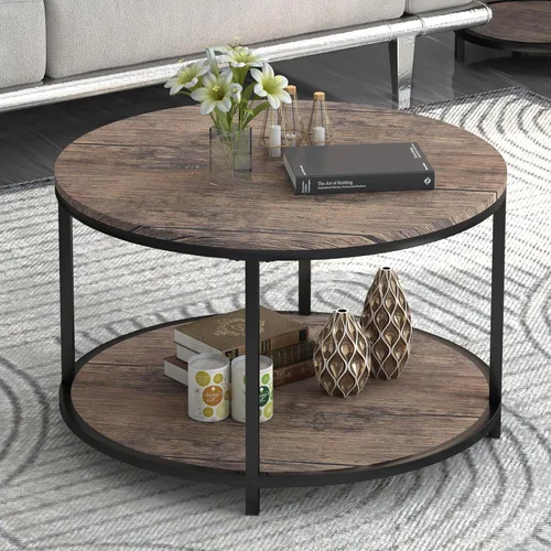 Miniatura 13 de NSdirect Mesa auxiliar redonda de 32 pulgadas para sala de estar, mesa central de madera maciza de 2 niveles para decoración del hogar con estante