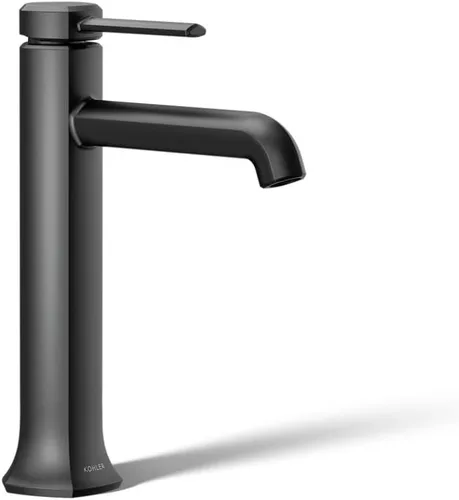 KOHLER 27003-4K-BL - Grifo de baño alto de un solo mango con montaje de drenaje emergente, grifo de lavabo de baño de un agujero, 1.0 gpm, negro