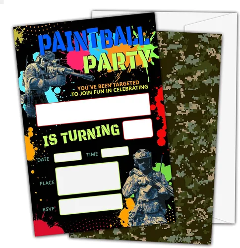 OICPYD Invitaciones de cumpleaños de paintball, invitaciones para fiestas de cumpleaños temáticas de paintball para niños y niños, rellena