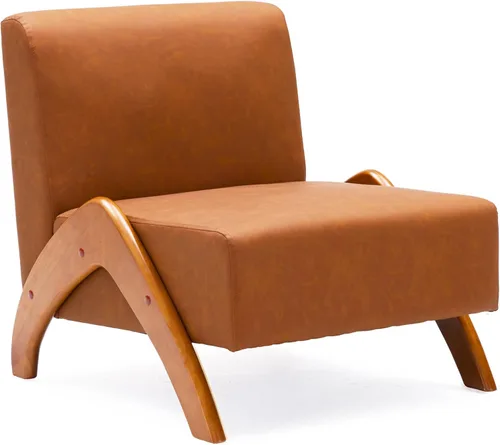 Miniatura 6 de Silla decorativa de gran tamaño, tapizada sin brazos de mediados de siglo, moderna silla de sala de estar con patas de madera para dormitorio, Crema