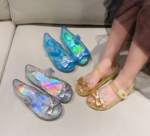 Miniatura 8 de Zapatos de gelatina para niñas, sandalias planas de vestir de princesa para niños, cosplay, gelatinas transparentes con purpurina Mary Janes