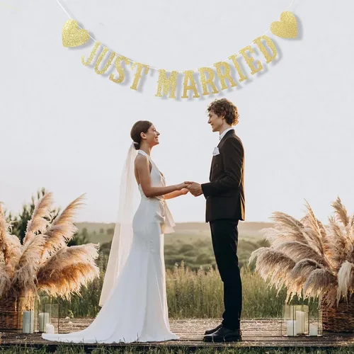 Miniatura 3 de Banner dorado con purpurina de recién casado – Cartel de boda DIY Just Married – Cartel Just Married para decoración de despedida de soltera