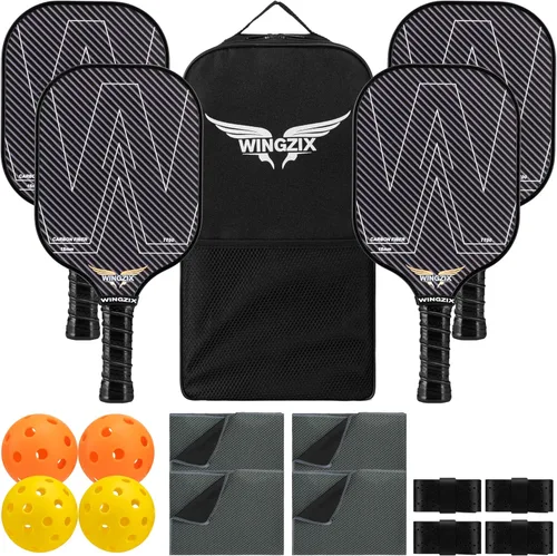 Juego de 4 palas de pickleball con raquetas de fibra de carbono T700, 4 bolas para interiores y exteriores, cinta de agarre, bolsa de transporte,