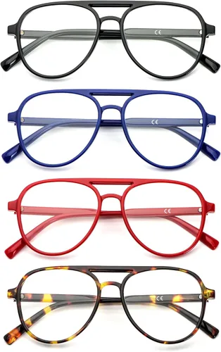 Miniatura 9 de MMOWW Paquete de 4 gafas de lectura estilo aviador sobredimensionadas para mujeres y hombres, estilo piloto retro de doble puente, con bloqueo