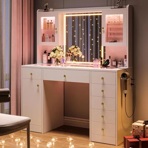 Einhomn Escritorio de tocador de maquillaje con espejo y luces LED, mesa de tocador grande con parte superior de cristal con 7 cajones y 3