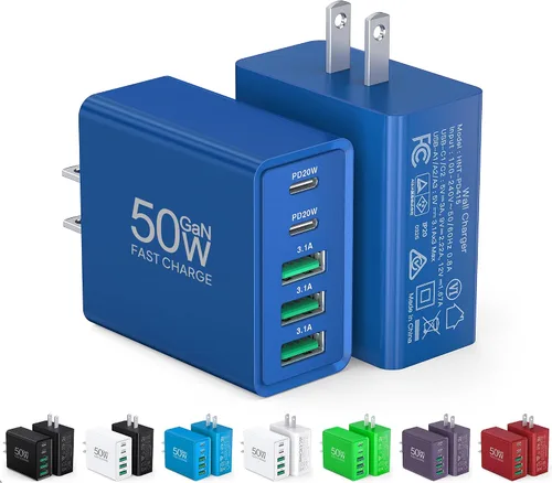 Miniatura 11 de [Paquete de 2] Cargador de pared USB C, bloque de cargador USB C de 50 W, bloques de carga rápida PD de 5 puertos, 2USB C + 3USB A enchufe