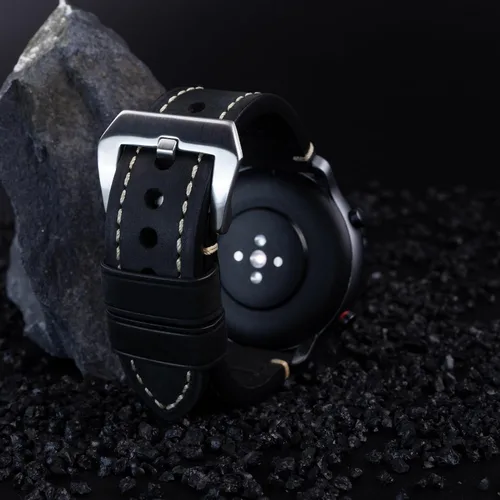 Miniatura 3 de Correa de reloj de pulsera de cuero genuino negro de 0.945 in para hombres con hebilla de acero inoxidable
