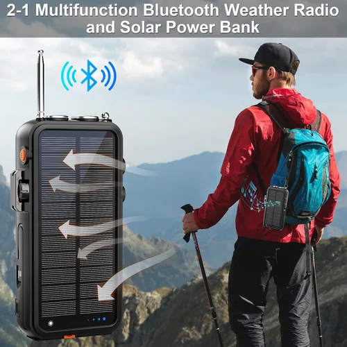 Miniatura 8 de Radio de emergencia y banco de energía solar de 22000 mAh, radio meteorológica FM NOAA, radio portátil con manivela Bluetooth, cargador de teléfono