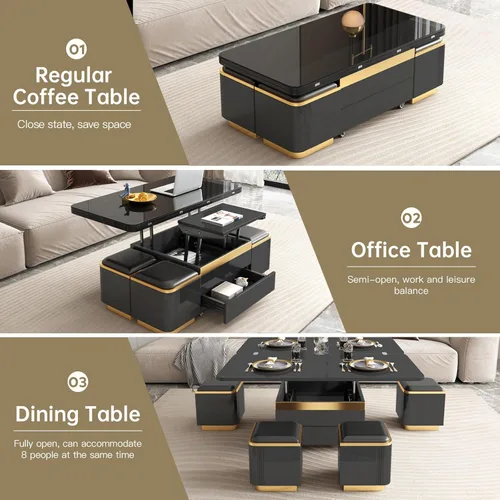 Miniatura 6 de Guyii Mesa de centro elevable con taburetes de almacenamiento, mesa central multifuncional negra con cajones, moderna mesa de comedor extensible