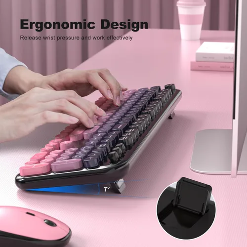 Miniatura 10 de KNOWSQT Combo de teclado y ratón inalámbrico, teclados lindos de tamaño completo estilo máquina de escribir 2.4G azul colorido - receptor USB Plug