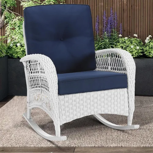 Miniatura 35 de MEETWARM Mecedora de mimbre para exteriores, sillas mecedoras de ratán para patio con cojines y respaldo alto, silla de mimbre para patio para todo