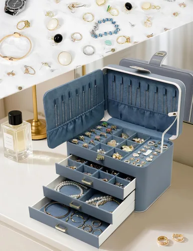 Miniatura 6 de KAMIER Joyeros para mujer, organizador de joyas de 4 capas con espejo, 3 cajones, caja de joyería grande para pulseras, aretes, anillos, collares