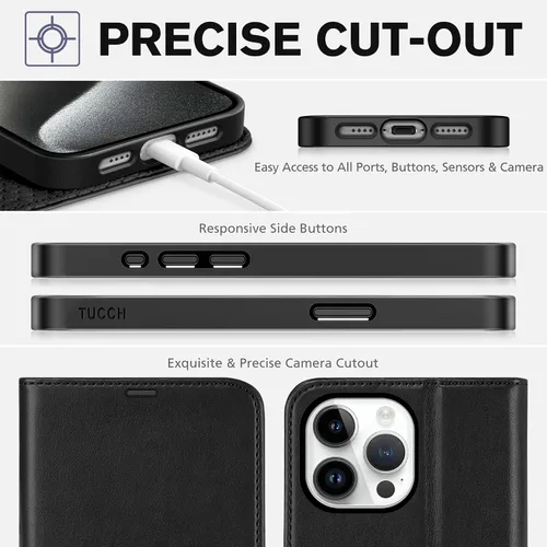 Miniatura 8 de Funda tipo billetera TUCCH para iPhone 15 Pro Max, con bloqueo RFID, con soporte para 4 tarjetas, a prueba de golpes, con interior de TPU, con funda