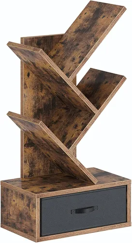 Rolanstar Estantería con cajón, estantería de árbol de 4 estantes, estanterías de madera rack de almacenamiento para CDs/películas/libros,