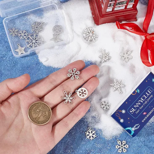 Miniatura 3 de SUNNYCLUE 1 caja 20 piezas dijes de copo de nieve dije de nieve invierno acero inoxidable doble cara estrella hueca planos redondos colgantes de 1