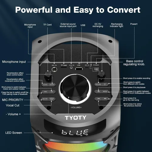 Miniatura 6 de Bocina Bluetooth portátil TYOTY 100W potente inalámbrica Boombox con emparejamiento TWS, sonido estéreo fuerte, graves profundos, grandes altavoces