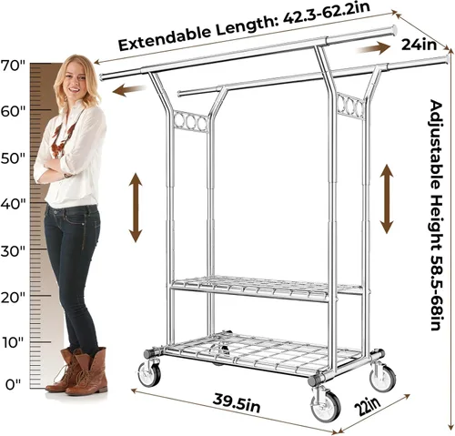 Miniatura 6 de HYSEYY Perchero de ropa resistente, perchero de ropa rodante con estantes con carga de 620 libras, percheros de ropa de doble barra para colgar