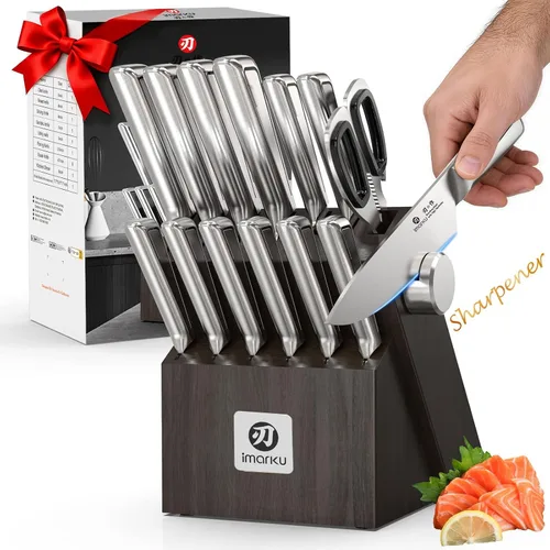 Juego de cuchillos para cocina con bloque imarku G14 Juego de cuchillos japoneses de acero inoxidable para cocina, 14 piezas, afilador integrado,