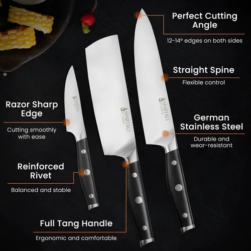 Miniatura 3 de Juego de cuchillos de cocina de 3 piezas, incluye cuchillo de chef de 8 pulgadas, Nakiri de 7 pulgadas, pelado de 3.5 pulgadas, cuchillas de acero
