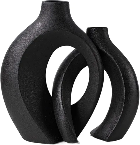 Miniatura 10 de Levvohd Juego de 2 Jarrones de Cerámica Negra XL para Decoración Moderna del Hogar, Jarrones Redondos Neutros Boho Donut de Hierba de las Pampas