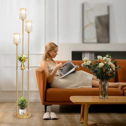 Miniatura 3 de HMVPL Lámparas de pie doradas para sala de estar, lámpara de pie moderna con estantes, lámparas de pie de cristal con mesa, lámpara alta de latón