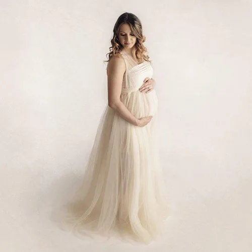 Miniatura 2 de Vestido de maternidad de manga larga con hombros descubiertos para mujer, de tul elegante, ajustado, para baby shower, fotografía, maxi vestido