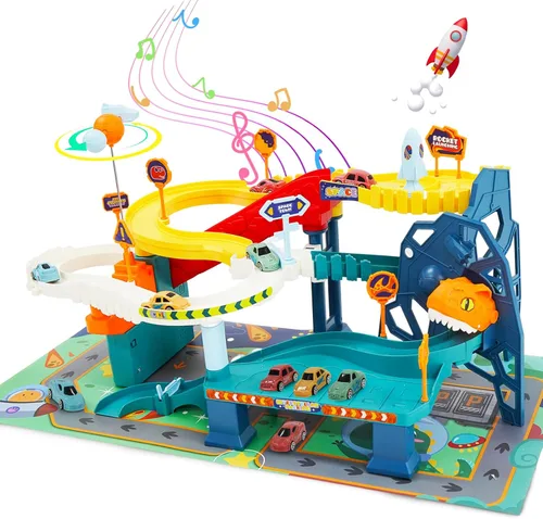 Juguete de coche de pista de carreras para niños, juego de vehículo de aventura de dinosaurio con 5 mini autos y mapa de ruta, juguetes educativos