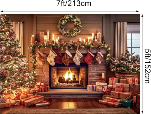 Miniatura 2 de VitalCozy Telón de fondo de chimenea de Navidad, árbol de Navidad, calcetín navideño, decoración de fondo de poliéster para accesorios de estudio