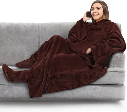 Miniatura 10 de PAVILIA Manta de forro polar con mangas, bolsillos para los pies para mujeres, hombres y adultos, manta de felpa para llevar, cálida manta