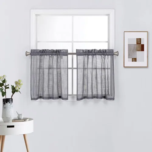 Miniatura 16 de Diamond Home Linens 2 paneles cortos con bolsillo para barra, filtrado de luz, de lino, texturizado, para ventanas pequeñas, 27 pulgadas de ancho x