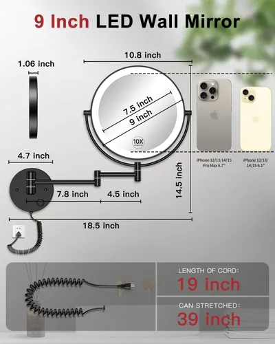 Miniatura 2 de Gospire Espejo de Aumento Iluminado de Pared de 9", Aumento 1X/10X Espejo de Baño LED de Doble Cara, 3 Luces de Color y Atenuación Sin Escalones