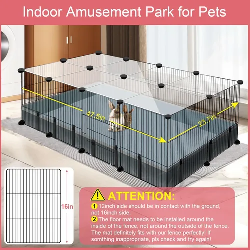 Miniatura 5 de Corral para animales pequeños de 20 paneles, corral para mascotas de 48" x 24" x 16" con alfombrilla impermeable, jaula C&C para conejillos de Negro