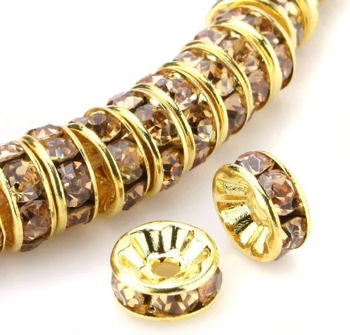 Miniatura 9 de RUBYCA 100 unidades de cuentas espaciadoras redondas estilo Rondelle en tono dorado de 10 mm, cristal checo AB blanco