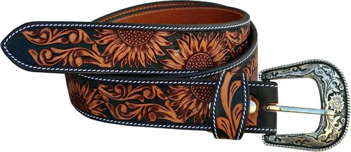 Miniatura 7 de Western Cuero Genuino Girasol Floral Tooled Casual Jeans Cinturón Con Hebilla Removeable 30AB101
