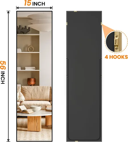 Miniatura 2 de TRAHOME Espejo de cuerpo entero, espejo grande de pie para piso con marco de aluminio para dormitorio, sala de estar, baño (negro)