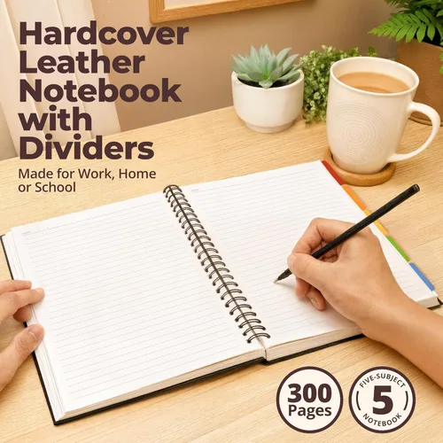 Miniatura 2 de Cuaderno de espiral encuadernado en cuero de tapa dura de 8x10 pulgadas con divisores removibles - Negro - 300 páginas Cuaderno de 5 asignaturas