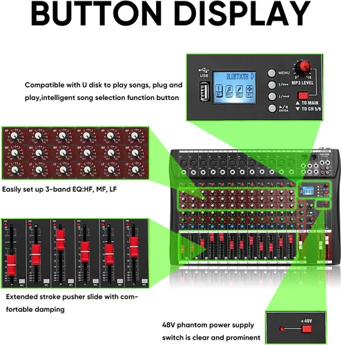 Miniatura 7 de FULUODE Consola de Mezcla de Audio de 12 Canales, CT-120S Mezclador de Música Profesional para DJ, Tablero de Mezcla con Reverb, Reproductor