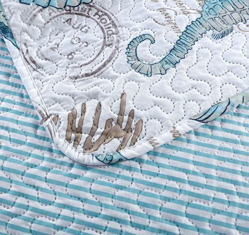 Miniatura 7 de Juego de cama reversible de 3 piezas con diseño náutico, tamaño Queen (90x90 Pulgadas), con conchas de mar azul-verde y coral, juego de colcha