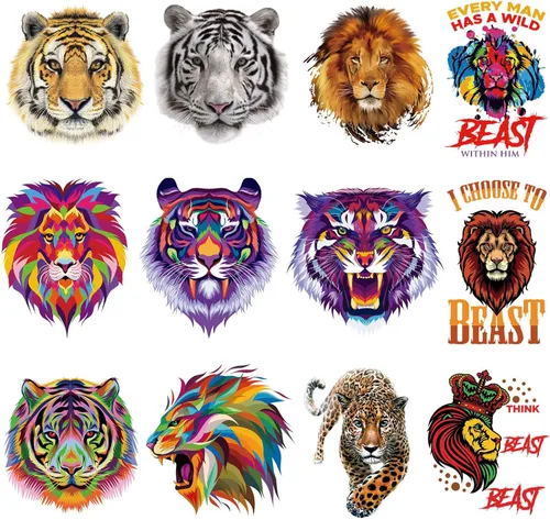 12 calcomanías termoadhesivas para planchar de león de tigre, ropa de transferencia de calor, camisetas, parches de animales, calcomanías para