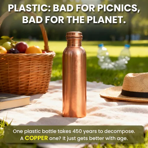 Miniatura 3 de Botella de agua de cobre 100% puro de 34 onzas – Recipiente de cobre ayurvédico grande liso para agua potable, a prueba de fugas, sin BPA, viajes