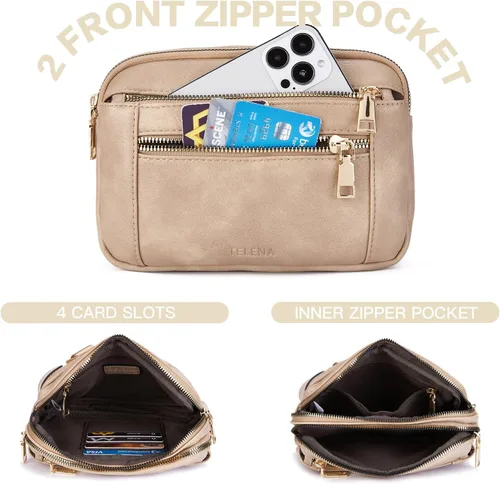 Miniatura 5 de Telena Riñoneras para mujer, bolso cruzado de cuero, bolso de cintura de moda con correa ajustable, Marrón claro