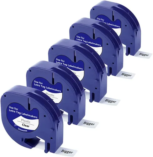 Bigger Cintas de etiquetas de repuesto compatibles para Dymo LetraTag, cinta de plástico 16952 negra sobre cinta transparente utilizada con DYMO