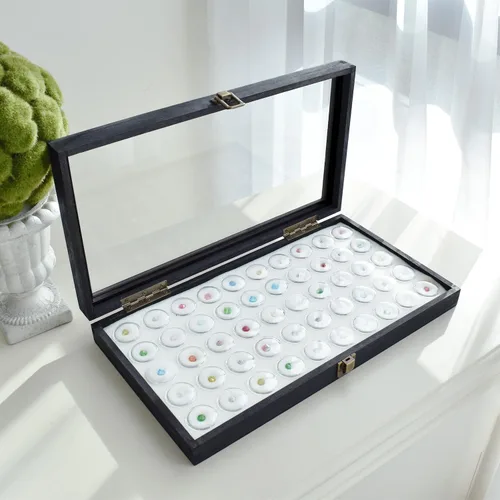 Miniatura 7 de MOOCA Caja de exhibición de joyería negra con tapa de cristal, 50 frascos de gemas, caja de anillos, organizador de joyas, almacenamiento de tarros