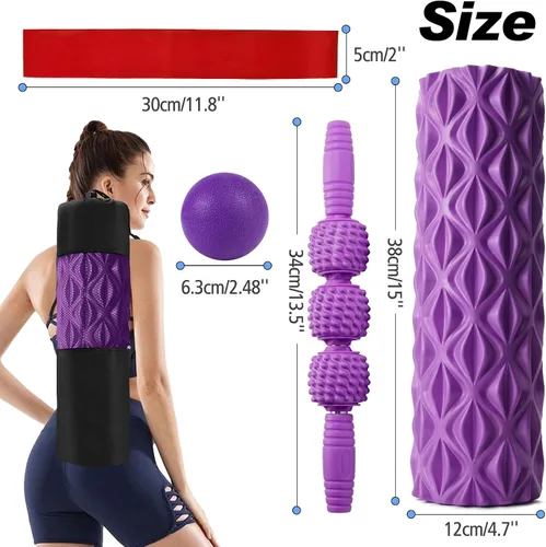 Miniatura 6 de JOYENERGY Juego de rodillos de espuma 5 en 1, rodillo de espuma de punto gatillo, barra de masaje, bola de masaje, correa de estiramiento