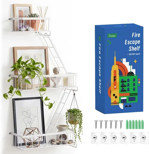 Miniatura 13 de SweetSage Estante de Pared para Salida de Emergencia - Estante Decorativo de Escalera de Nueva York, Estante Flotante de Arte de Pared en Metal Negro
