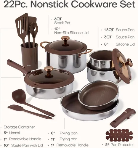 Miniatura 2 de CAROTE Juego de 22 utensilios de cocina de acero inoxidable, juego de ollas y sartenes antiadherentes híbridas de cerámica, utensilios de cocina