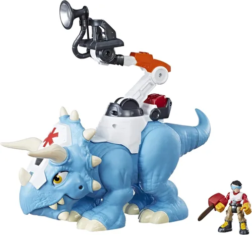 Playskool Chomp Squad Doc Tops and Sam Scrubs, juguete de dinosaurio Triceratops y figura de acción de héroe, juguete de ambulancia para niños de 3