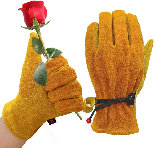 Miniatura 9 de Guantes de trabajo de cuero de vaca para hombres, resistentes para jardinería, patio, paisajismo, soldadura, mecánica, construcción, campamento