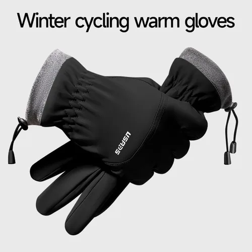 Miniatura 2 de Winter Thermal Cycling Gloves, Windproof Faux Leather with Adjustable Drawstring & Touchscreen Fingers, Non-Slip Grip for Cold Weather Biking, Black