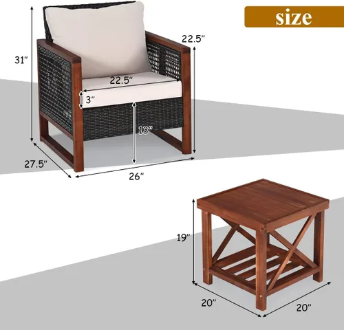 Miniatura 5 de Tangkula Juego de muebles de mimbre de 3 piezas, juego de sofá de ratán para exteriores con cojín lavable y mesa de centro de madera de acacia
